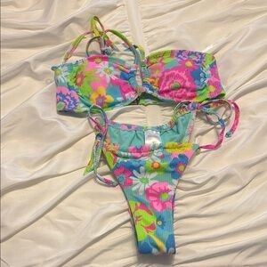 NWOT Blue and Pink Tropical Bikini Swimwear
